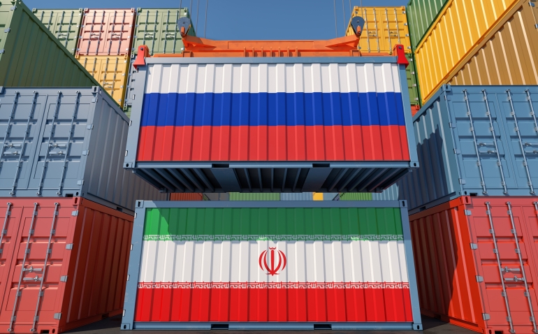 containers with Iran and Russia national flags