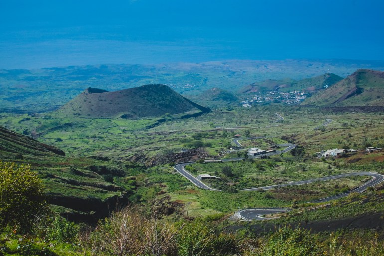 Curvy road to Pico do Fogo, volcano on the island of Fogo on Cabo Verde islands. Looking towards the sea with twisty road visible.