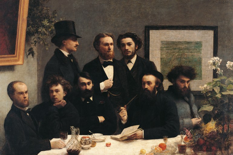 A Corner of the Table by Ignace Henri Fantin-Latour "Corner table" : Representation of a meeting between, from left to right : Paul Verlaine, Arthur Rimbaud, Elzear Bonnier, Leon Valade, Emile Blemont, Jean Aicart, Ernest d'Hervilly, Camille Pelletan. Painting by Henri Fantin Latour (Fantin-Latour, 1836-1904). 1,60 x 2,25 m. 1872. Orsay museum, Paris (Photo by Leemage/Corbis via Getty Images GettyImages-587489648