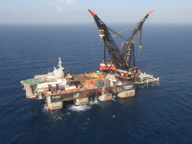 An aerial view shows the newly arrived foundation platform of Leviathan natural gas field, in the Mediterranean Sea, off the coast of Haifa, Israel January 31, 2019. Marc Israel Sellem/Pool via REUTERS