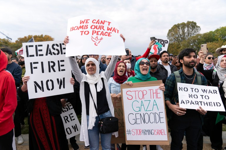 People rally at the National Mall during a pro-Palestinian demonstration in Washington, Friday, Oct. 20, 2023. (AP Photo/Jose Luis Magana)