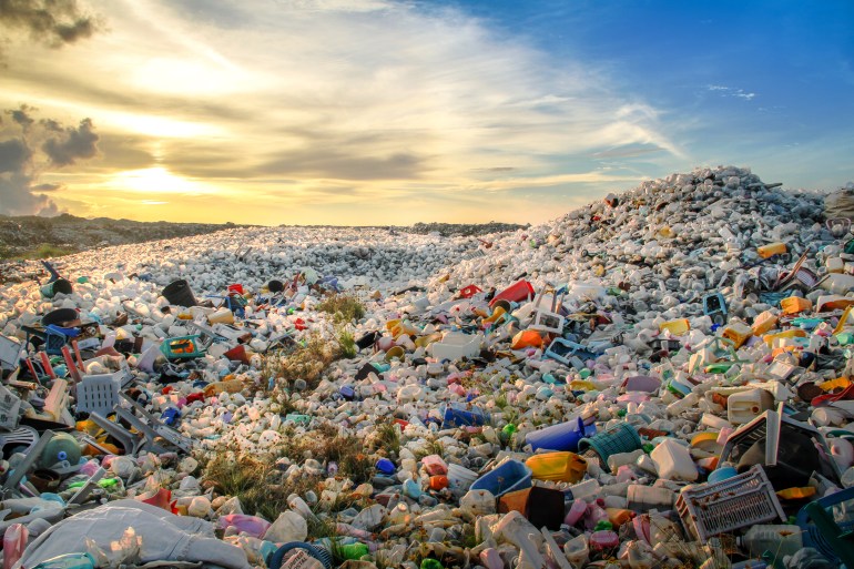 waste plastic bottles and other types of plastic waste at the Thilafushi waste disposal site.