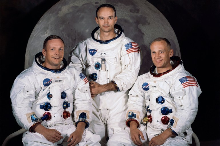 The Apollo 11 lunar landing mission crew, pictured from left to right, Neil A. Armstrong, commander; Michael Collins, command module pilot; and Edwin E. Aldrin Jr., lunar module pilot. CREDIT : NASA