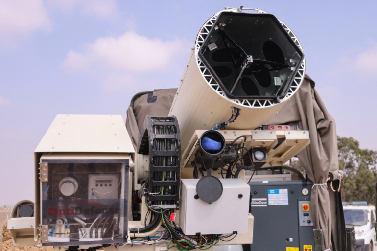 A picture taken on August 30, 2020, shows the "Light Blade" laser defence system, designed to intercept airborne incendiary threats launched from the Gaza Strip, in the Israeli kibbutz of Kissufum, along the border with the Palestinian enclave. (Photo by Emmanuel DUNAND / AFP)