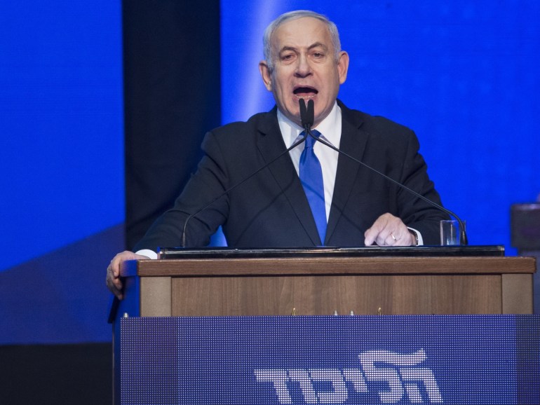 TEL AVIV, ISRAEL - SEPTEMBER 18: Israeli Prime Minister Benjamin Netanyahu speaks at the Likud Party after vote event on September 18, 2019 in Tel Aviv, Israel. All TV exit polls see no clear winner in Isreal's elections. (Photo by Amir Levy/Getty Images)