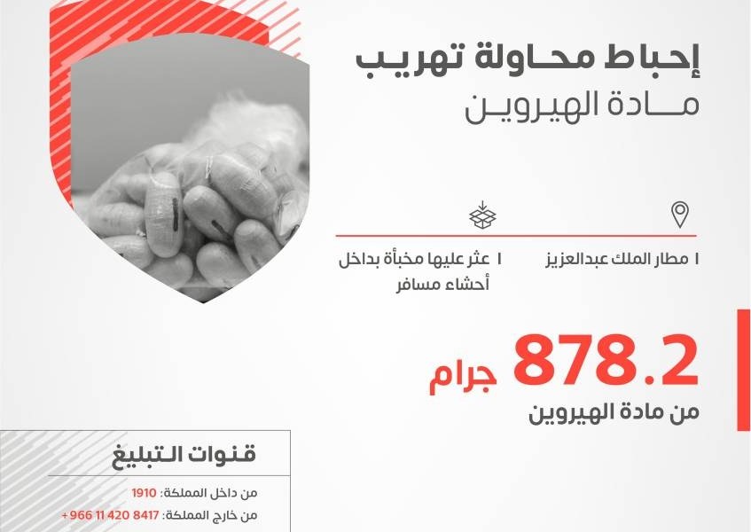 إحباط محاولات تهريب أكثر من كيلوجرامين من الكوكايين و878 جراماً من الهيروين