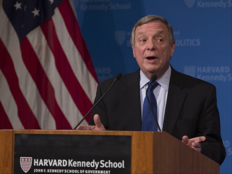 epa06490810 US Senator Dick Durbin speaks during an address on the topic of DACA to the John F Kennedy School of Government Institute of Politics in Cambridge, Massachusetts, USA 01 February 2018. EPA-EFE/CJ GUNTHER