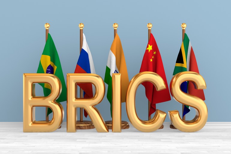 Set flags BRICS in room. 3D illustration