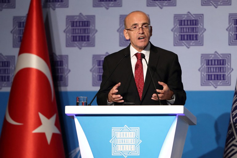 Turkey's Finance Minister Mehmet Simsek speaks during the 66th General Assembly of Turkish Banks Association in Istanbul, Turkey August 17, 2023. REUTERS/Murad Sezer