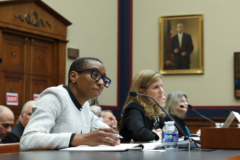 WASHINGTON, DC - DECEMBER 05: (L-R) Dr. Claudine Gay, President of Harvard University, Liz Magill, President of University of Pennsylvania, Dr. Pamela Nadell, Professor of History and Jewish Studies at American University, and Dr. Sally Kornbluth, President of Massachusetts Institute of Technology, testify before the House Education and Workforce Committee at the Rayburn House Office Building on December 05, 2023 in Washington, DC. The Committee held a hearing to investigate antisemitism on college campuses. Kevin Dietsch/Getty Images/AFP (Photo by Kevin Dietsch / GETTY IMAGES NORTH AMERICA / Getty Images via AFP)