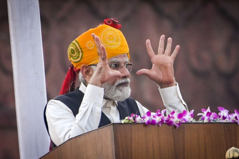 Mandatory Credit: Photo by Raj K Raj/Hindustan Times/Shutterstock (14055540bc) Prime Minister Narendra Modi addresses the nation from the historic Red Fort on the occasion of the 77th Independence Day on August 15, 2023 in New Delhi, India. Narendra Modi said that India helped different countries during the time of crisis and that India has emerged as a "Vishwa Mitra" (friend of the world). He said the world is going to be influenced by technology and even developed countries are willing to learn about the success of Digital India. He said the government is working on a new scheme to push technology in the agriculture sector, under which thousands of self-help group's women will be trained and equipped with drones. He said that the youth of the nation have huge capability and the government is working on policies to provide them abundant opportunities. Prime Minister Narendra Modi Hoists National Flag At Red Fort On 77th Independence Day, New Delhi, Delhi, India - 15 Aug 2023