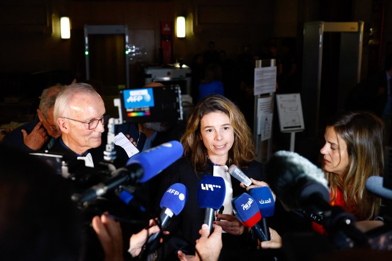 epa11367452 Lawyer Clemence Bectarte (C), and President of Human Rights League, Patrick Baudouin (L) talk to the press after the verdict of the case against three Syrian officials for their complicity in crimes against humanity, in Paris, France, 24 May 2024. After a trial in absentia for four days, the Assize Court in Paris declared that Ali Mamlouk, Jamil Hassan and Abdel Salam Mahmoud are guilty for complicity in crimes against humanity and the war crime of complicity in their role in the deaths of two French-Syrians 'Mazen Dabbagh and his son Patrick'. The court sentenced them to life imprisonment. EPA-EFE/Mohammed Badra