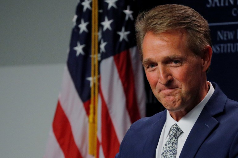 U.S. Senator Jeff Flake (R-AZ) speaks at the Institute of Politics at Saint Anselm College in Manchester, New Hampshire, U.S., October 1, 2018. REUTERS/Brian Snyder