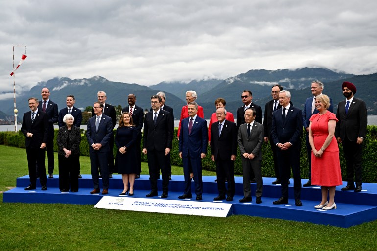 Finance Ministers and Central Bank Governors pose for the family picture at the G7 Finance Ministers meeting in Stresa, on May 24, 2024. (Photo by GABRIEL BOUYS / AFP)