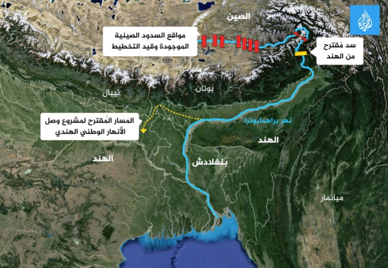 تعريب الخريطة: بالأصفر، سد مُقترح من الهند. بالأحمر الفاقع: مواقع السدود الصينية الموجودة وقيد التخطيط. الخط الأبيض المتقطع: المسار المُقترح لمشروع وصل الأنهار الوطني الهندي. (تجاهل بقية الرموز على الخريطة، بما فيها الأحمر الداكن، مع الإشارة إلى نهر براهمابوترا، والهند وبنغلادش والصين على الخريطة).