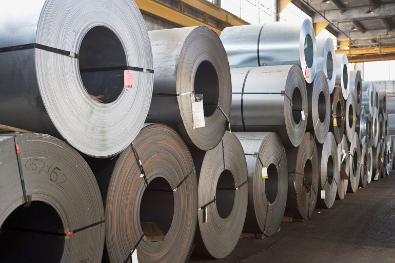 Rolls of steel in warehouse