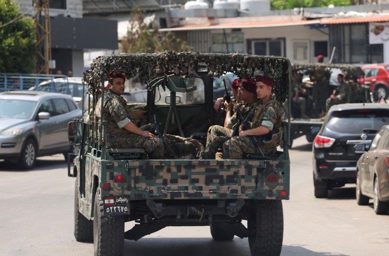 Lebanese army soldiers patrol the area near the U.S. embassy in Awkar, Lebanon June 5, 2024. REUTERS/Mohamed Azakir