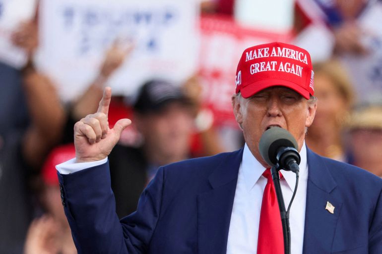 FILE PHOTO: Former U.S. President and Republican presidential candidate Donald Trump speaks during his campaign event, in Racine, Wisconsin, U.S. June 18, 2024. REUTERS/Brendan McDermid/File Photo