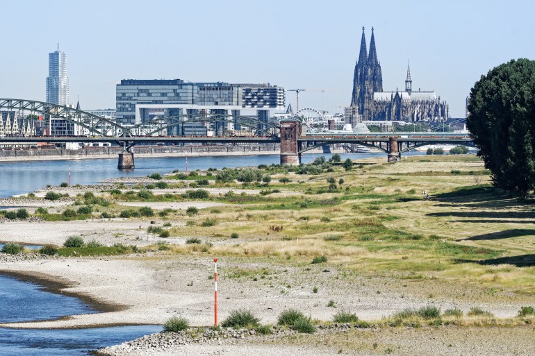 Cologne, Germany July 19, 2022: low water level on the rhine in cologne