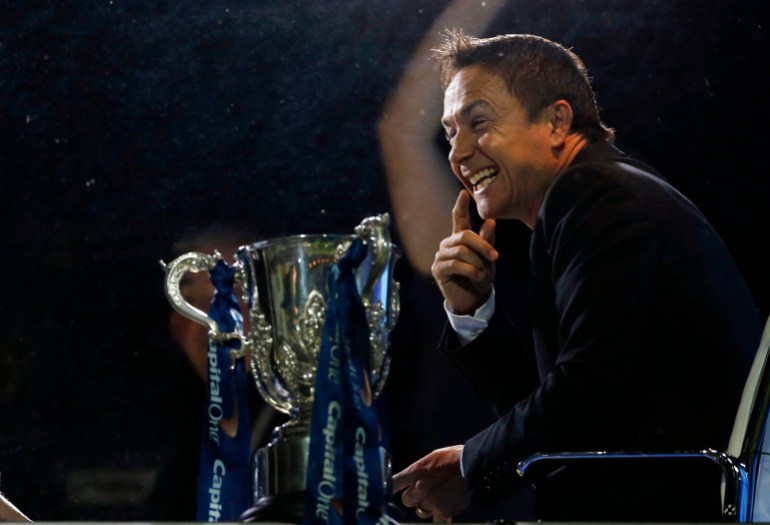 Football - Swindon Town v Chelsea - Capital One Cup Third Round - The County Ground - 24/9/13 Ex-Chelsea player Dennis Wise gestures towards the Chelsea supporters from the TV studio Mandatory Credit: Action Images / John Sibley Livepic EDITORIAL USE ONLY. No use with unauthorized audio, video, data, fixture lists, club/league logos or live services. Online in-match use limited to 45 images, no video emulation. No use in betting, games or single club/league/player publications. Please contact your account representative for further details.