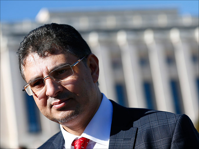 Badr Jamous, vice president of the National Coalition of Syrian Revolution and Opposition Forces, addresses the media after a meeting at the Geneva Conference on Syria at the United Nations European headquarters in Geneva February 12, 2014.