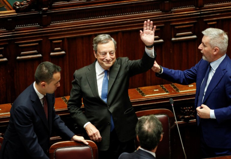 Italy's PM Draghi addresses the lower house of parliament before a vote of confidence, in Rome