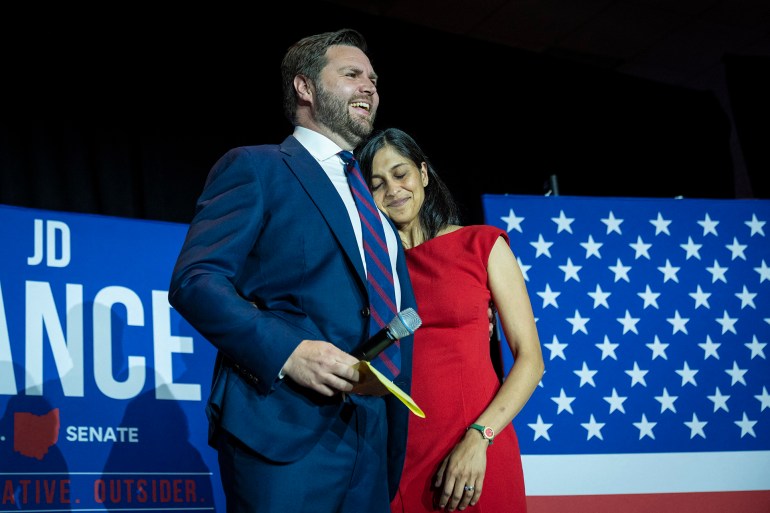 CINCINNATI, OH - MAY 3: Republican U.S. Senate candidate J.D. Vance embraces his wife Usha Vance after winning the primary, at an election night event at Duke Energy Convention Center on May 3, 2022 in Cincinnati, Ohio. Vance, who was endorsed by former President Donald Trump, narrowly won over former state Treasurer Josh Mandel, according to published reports. Drew Angerer/Getty Images/AFP (Photo by Drew Angerer / GETTY IMAGES NORTH AMERICA / Getty Images via AFP)