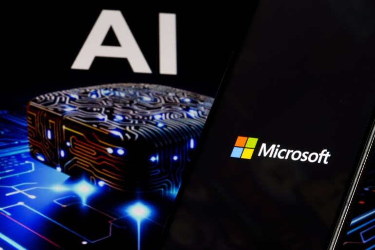 Microsoft logo on phone and blurred AI chip on the background, USA, November 15, 2023