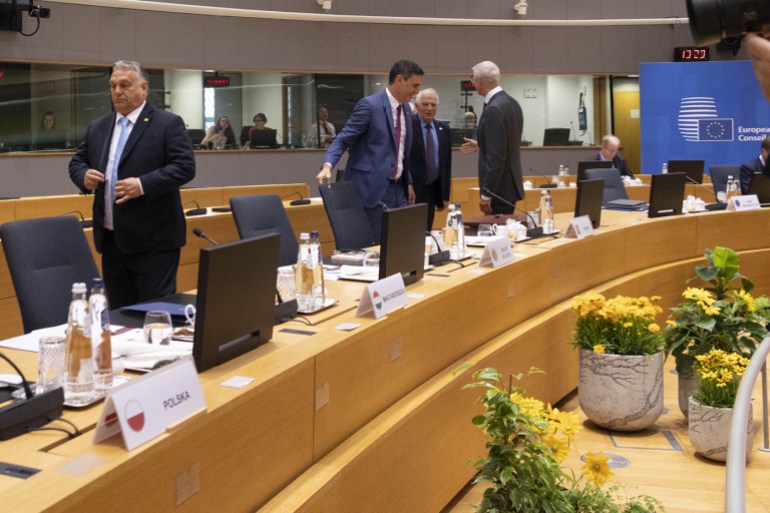 Prime Minister of Hungary Viktor Orban, PM of Spain Pedro Sanchez and High Representative of the Union for Foreign Affairs and Security Policy Josep Borrell at the Tour de Table - Round Table at the headquarters of the European Council meeting in Brussels with the EU heads of states. The Hungarian PM Victor Orbán and the leaders have on their agenda to discuss on the 2 day summit the support to Kyiv and Ukraine, strengthen Europe's economy, security and defense capabilities, migration, China and external relations. Jens Stoltenberg the Secretary General of NATO attended the summit. Brussels, Belgium on June 29, 2023