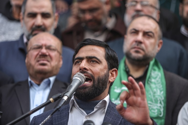 GAZA CITY, GAZA - FEBRUARY 09: Hamas leader Mushir al-Masri makes a speech during a protest against U.S. President Donald Trump’s announcement to recognize Jerusalem as the capital of Israel and Ahmed Jarrar's death, who was killed by Israeli soldiers, in Gaza City, Gaza on February 09, 2018. ( Ali Jadallah - Anadolu Agency )