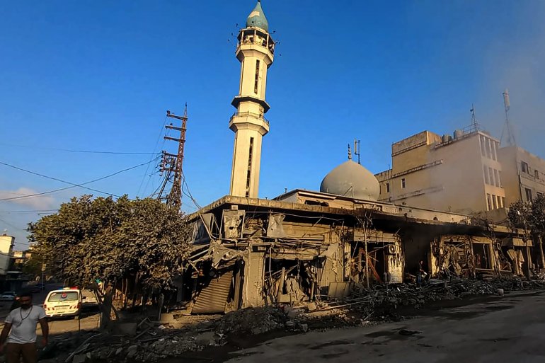 Rubble and damage from Israeli overnight air strikes that destroyed a whole market in the southern Lebanese city of Nabatieh. Eight people were wounded in the attacks that targeted the city's old market, located around 12 kilometers from the border with Israel.