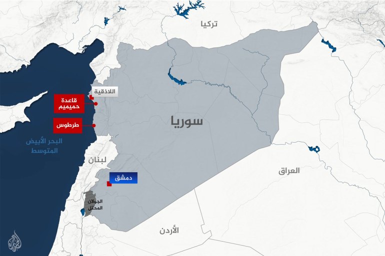 خارطة قاعدتي روسيا في سوريا . قاعدة حميميم . طرطوس