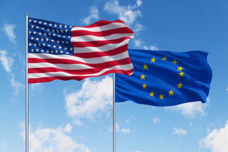 two flags of usa and European Union on a sky background