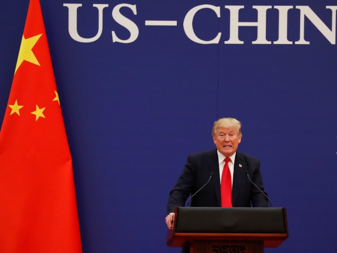 U.S. President Donald Trump delivers his speech as he and China's President Xi Jinping meet business leaders at the Great Hall of the People in Beijing, China, November 9, 2017. REUTERS/Damir Sagolj