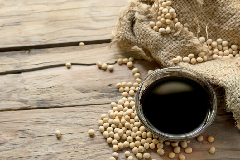 Soy sauce ,Soya, and soybean on sack