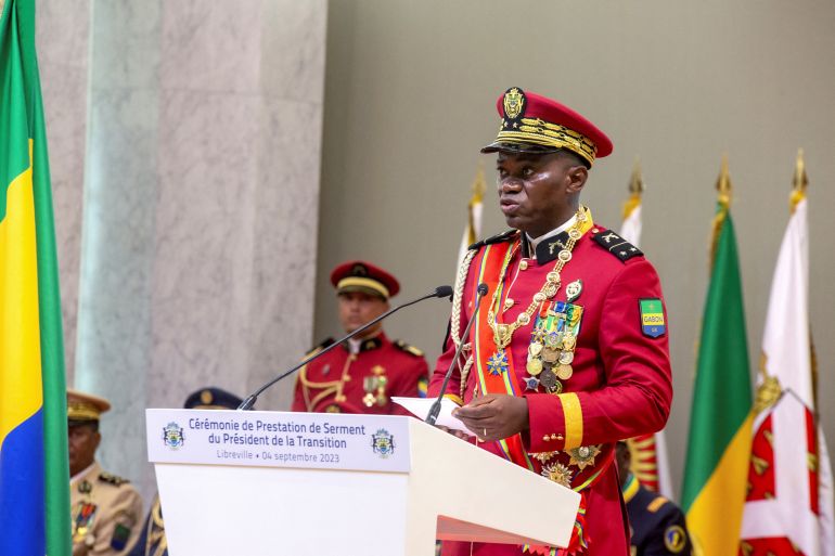 Gabon coup leader General Brice Oligui Nguema speaks after being sworn in as interim president during his swearing-in ceremony, in Libreville, Gabon, September 4, 2023. REUTERS/Stringer NO RESALES. NO ARCHIVES