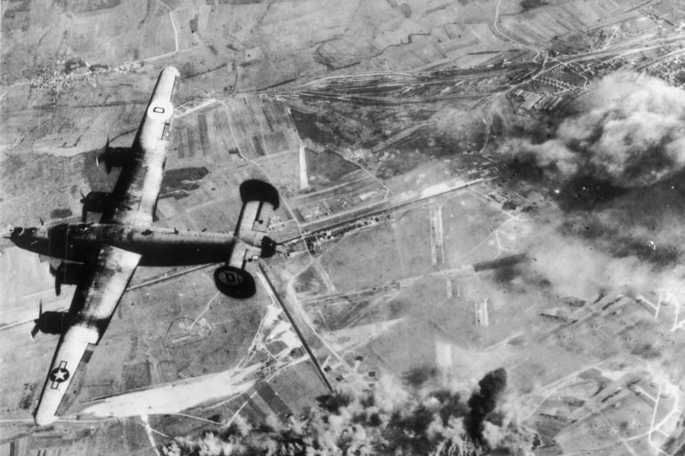 June 1944: A Liberator bomber of the Eighth US Army Air Force returns to its home base after bombing a German airfield near St Dizier, near the Marne River, in occupied France. (Photo by Keystone/Getty Images)