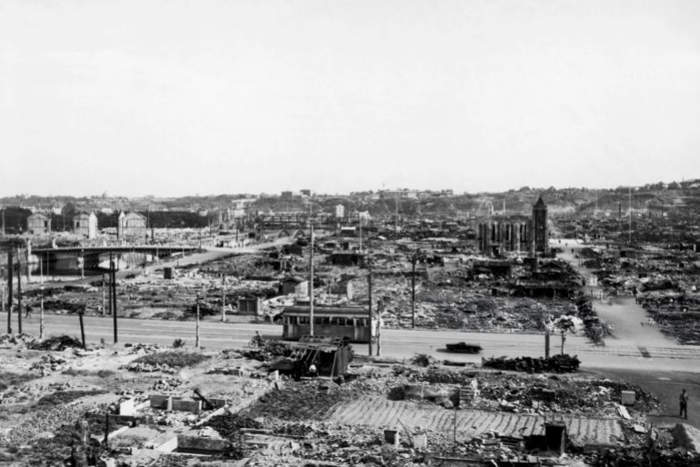 A view of the Japanese city of Yokohama after the 'Great Yokohama Air Raid' of 29th May 1945. A third of the city was destroyed when US B.29 Superfortress bombers attacked the city with incendiary bombs, killing an eastimated seven to eight thousand people. (Photo by Ben Heller/FPG/Hulton Archive/Getty Images)