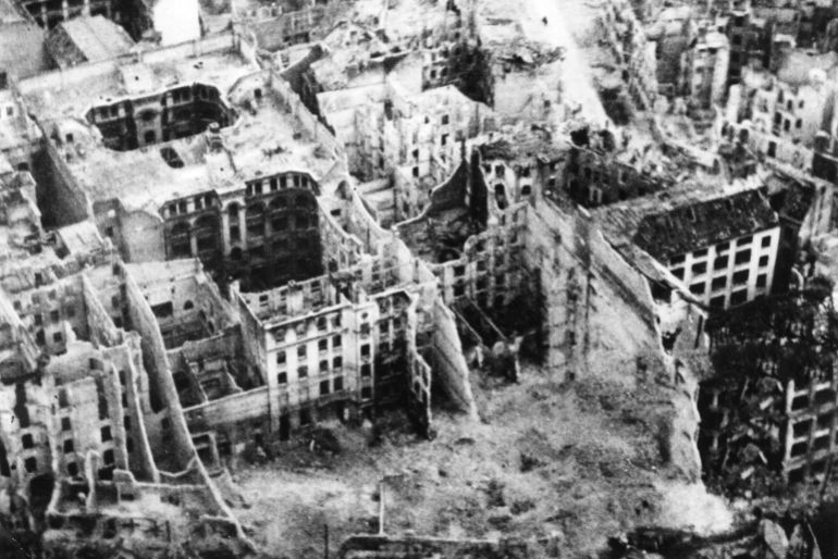 Badly damaged area, the result of Allied bombing raids, between Friedrich Hain and Lichtenberg in Berlin, Germany, May 1945. (Photo by PhotoQuest/Getty Images)