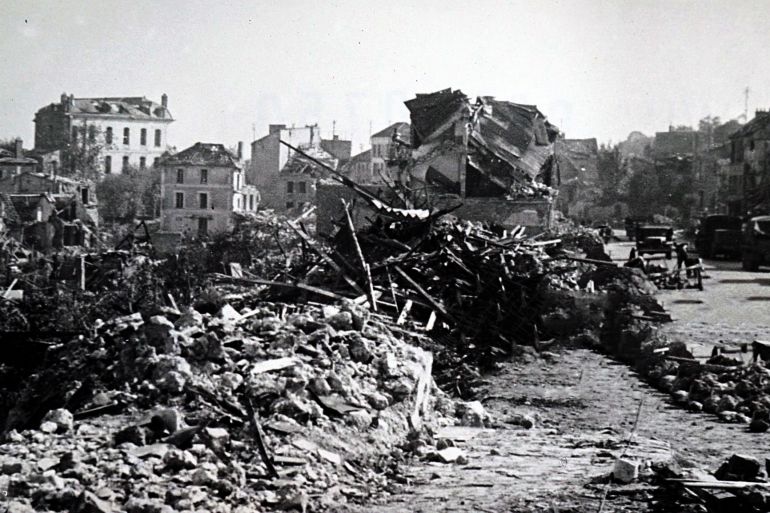 World War Two: destruction at the town of Saint-Cyr, in Western France, during the liberation of France from German occupation in the summer of 1944. Dated 20th Century. (Photo by: Ann Ronan Picture Library/Photo 12/Universal Images Group via Getty Images)