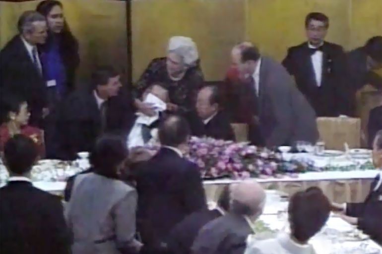 On January 8, 1992, about 8:20 p.m JST, while attending a banquet hosted by the Prime Minister of Japan, Kiichi Miyazawa, U.S. President George H. W. Bush fainted after vomiting in Miyazawa's lap. This copy is taken from the CNN tape master of the incident, restored correcting the white and black levels, slight cropping, and then using Izotope RX8 decracklling and spectral denoising the tape audio. This is the best copy you can find online!