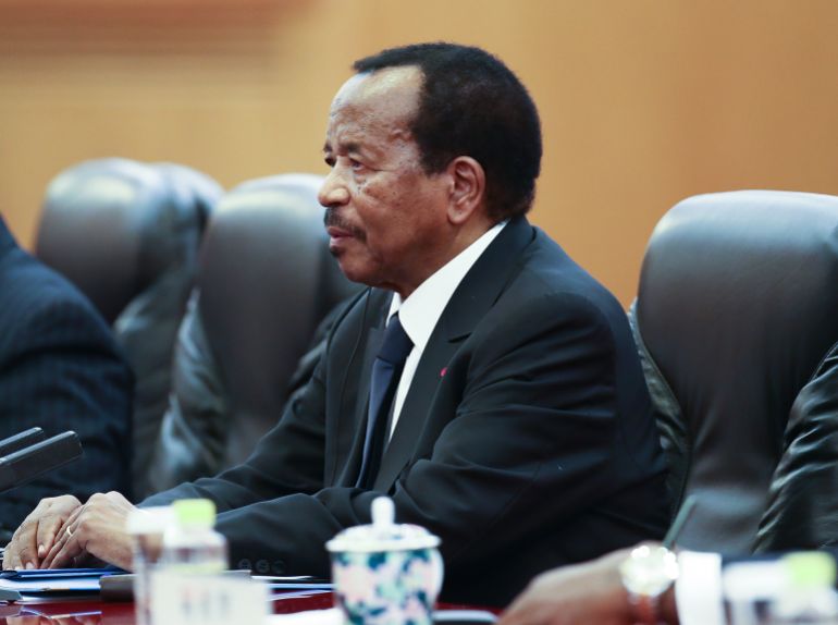 BEIJING, CHINA - MARCH 22: President of Cameroon Paul Biya meets with Chinese President Xi Jinping (not pictured) at The Great Hall Of The People on March 22, 2018 in Beijing, China. At the invitation of Chinese president Xi Jinping, President Paul Biya of the Republic of Cameroon will pay a state visit to China from March 22nd to 24th. (Photo by Lintao Zhang/Getty Images)