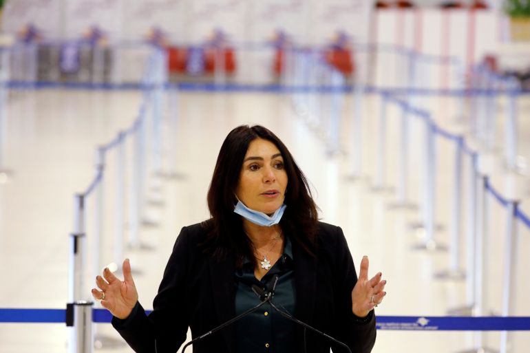 Israeli Transportation Minister Miri Regev speaks during a presentation as Ben Gurion international airport introduced a rapid coronavirus disease (COVID-19) testing system in an effort to restore commercial aviation and facilitate "clean flights" for passengers who either show proof of immunity or test negative near Tel Aviv, in Lod, Israel March 8, 2021. REUTERS/Amir Cohen
