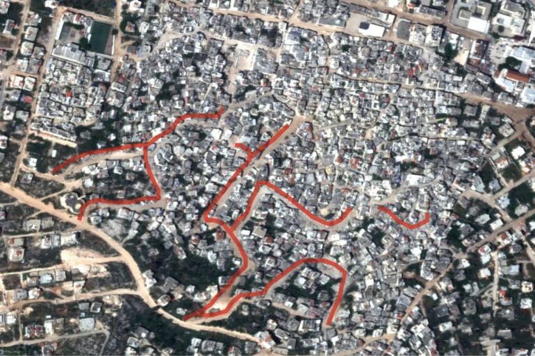 ****داخلية**** صورة نشرها الاحتلال للمناطق الني سيشملها الهدم في مخيم جنين credit : plant laps