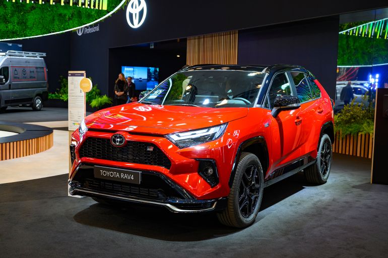 BRUSSELS, BELGIUM - JANUARY 10: Toyota RAV4 GR Sport crossover hybrid performance suv on display at the AutoSalon on January 10, 2025 in Brussels, Belgium. (Photo by Sjoerd van der Wal/Getty Images)