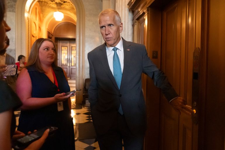 Sen. Thomas Tillis, R-N.C., speaks to reporters as Republicans begin a final push to advance President Donald Trump's tax breaks and spending cuts package, at the Capitol in Washington, Monday, June 30, 2025. (AP Photo/Mark Schiefelbein)