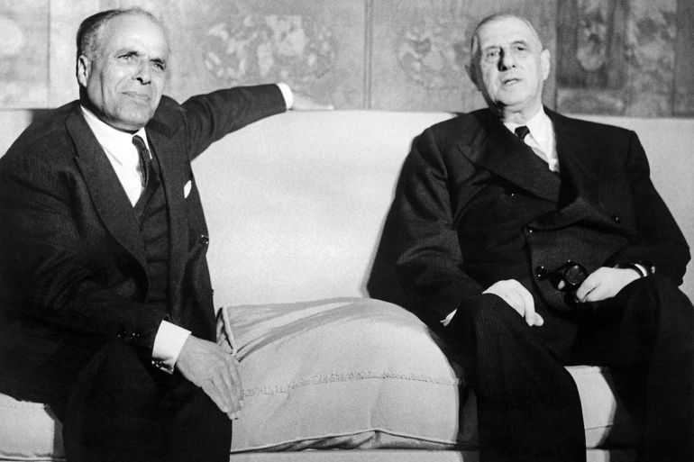 Tunisian President Habib Ben Ali Bourguiba (L) confers 28 February 1961 at Rambouillet castle near Paris with French President General Charles de Gaulle. In mid-July 1961 fighting between Tunisian and French troops began around the Bizerta base occupied by French troops and in the disputed area of the Sahara. The fighting ended on 22 July with the French in firm control o the base and town of Bizerta, more than 800 Tunisian having been killed. Bourguiba ruled Tunisia from 1957 until being destituted in November 1987, after leading the country to independence from France in 1956. (Photo by AFP)