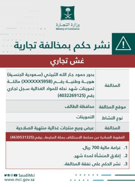 «التجارة» تُشهّر بمالكة منشأة باعت منتجات منتهية الصلاحية