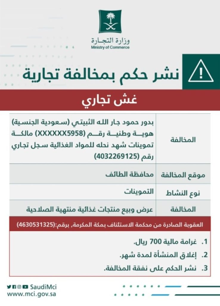 «التجارة» تُشهّر بمالكة منشأة باعت منتجات منتهية الصلاحية