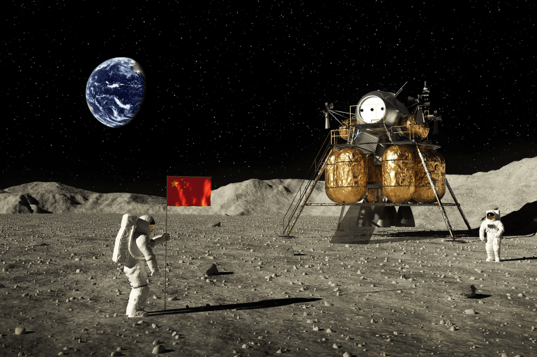 https://www.scientificamerican.com/article/chinas-first-moon-astronauts-could-land-at-this-surprising-site/ A speculative artist’s concept shows two Chinese astronauts planting the nation’s flag on the surface of the moon. 3DSculptor/Getty Images